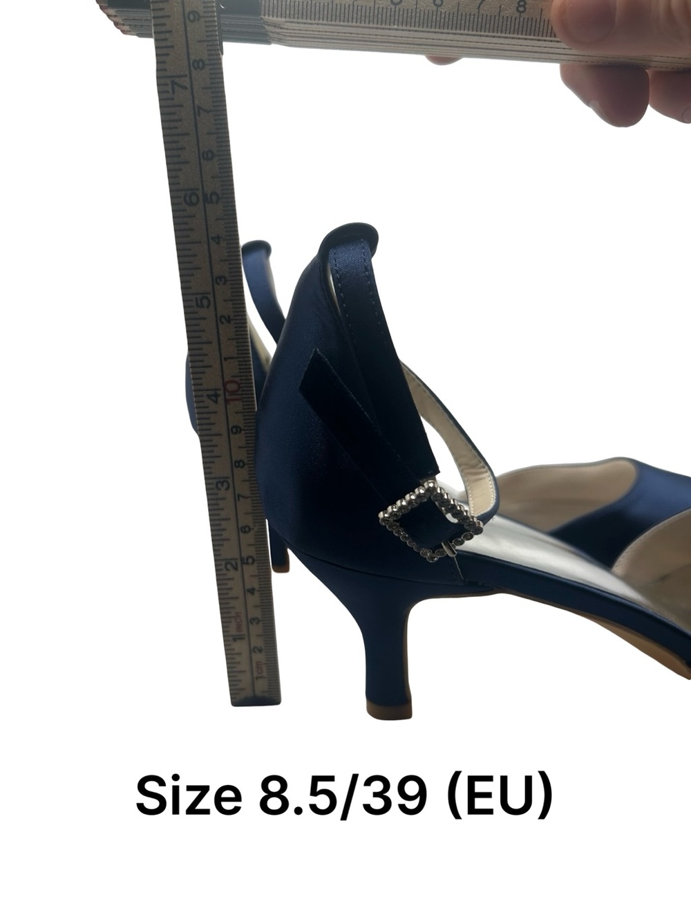 Women's Navy Satin Pointed-Toe Ankle Strap Heels - Picture 3 of 5